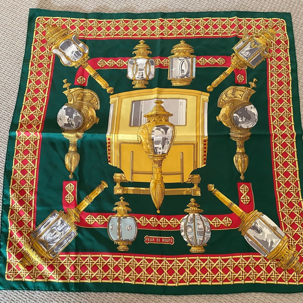 Rare! Authentic Hermes Feux De Route Vintage 90cm Green Red Silk Scarf